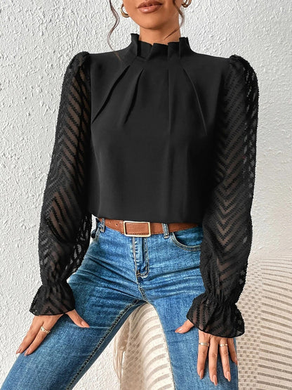 Wrinkle-Resistant Chiffon Mock Neck Sheer Long Sleeves Pleated Work & Business Blouse