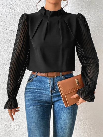 Wrinkle-Resistant Chiffon Mock Neck Sheer Long Sleeves Pleated Work & Business Blouse