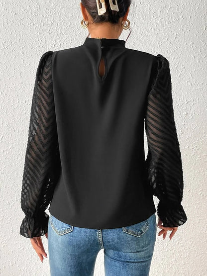 Wrinkle-Resistant Chiffon Mock Neck Sheer Long Sleeves Pleated Work & Business Blouse