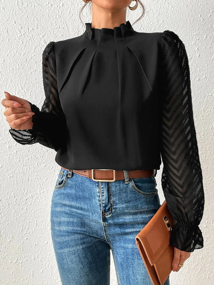 Wrinkle-Resistant Chiffon Mock Neck Sheer Long Sleeves Pleated Work & Business Blouse