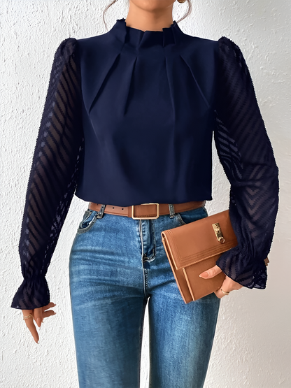 Wrinkle-Resistant Chiffon Mock Neck Sheer Long Sleeves Pleated Work & Business Blouse