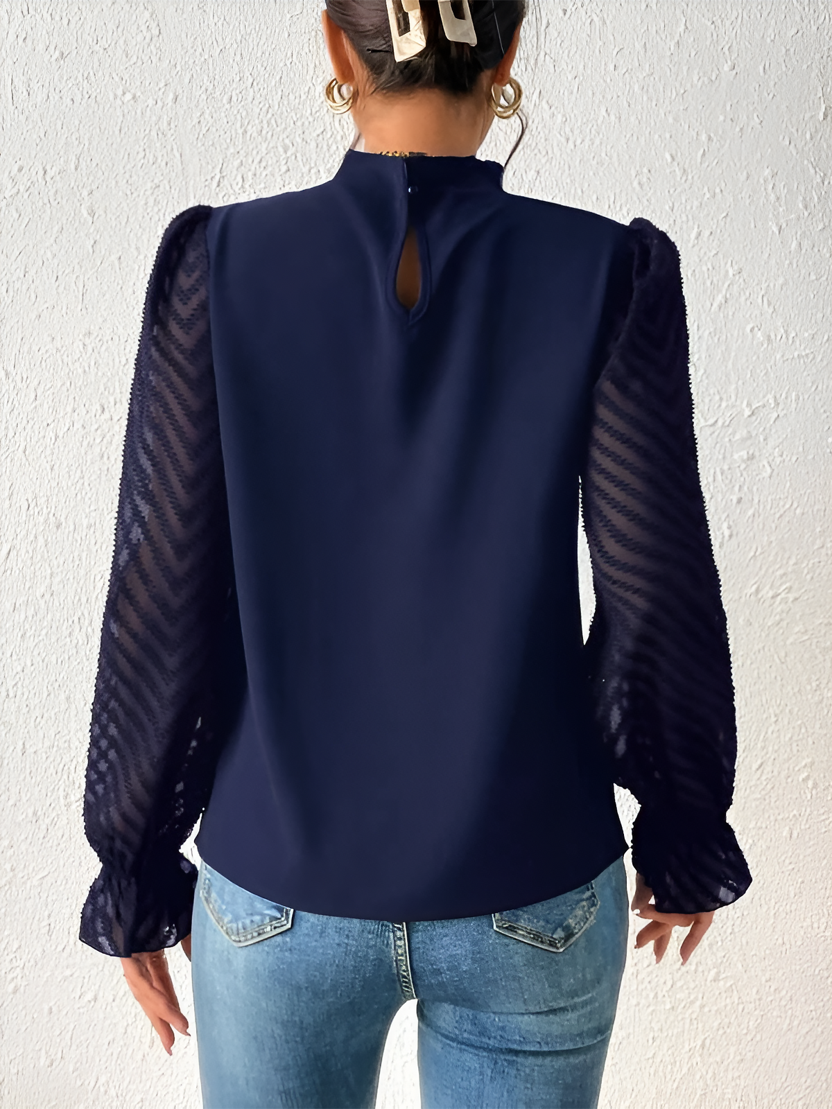Wrinkle-Resistant Chiffon Mock Neck Sheer Long Sleeves Pleated Work & Business Blouse