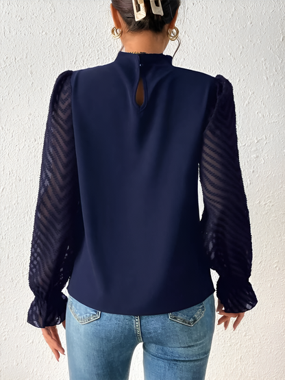 Wrinkle-Resistant Chiffon Mock Neck Sheer Long Sleeves Pleated Work & Business Blouse