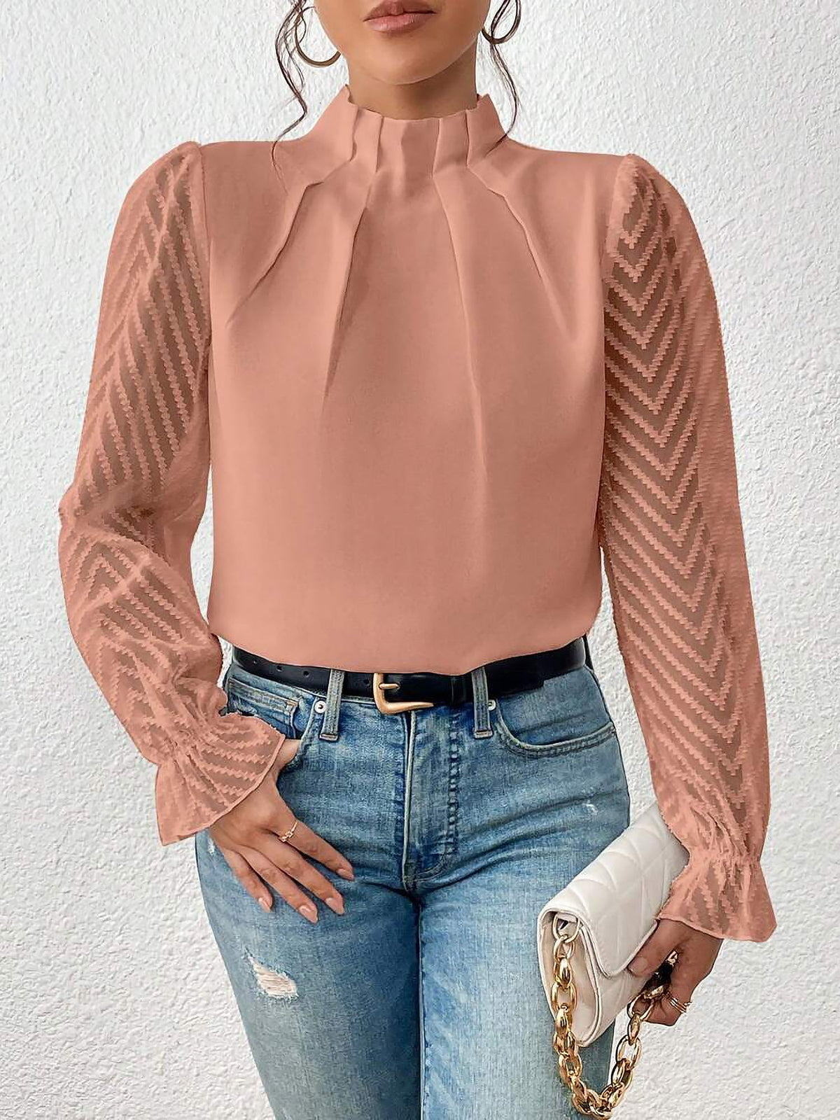Wrinkle-Resistant Chiffon Mock Neck Sheer Long Sleeves Pleated Work & Business Blouse