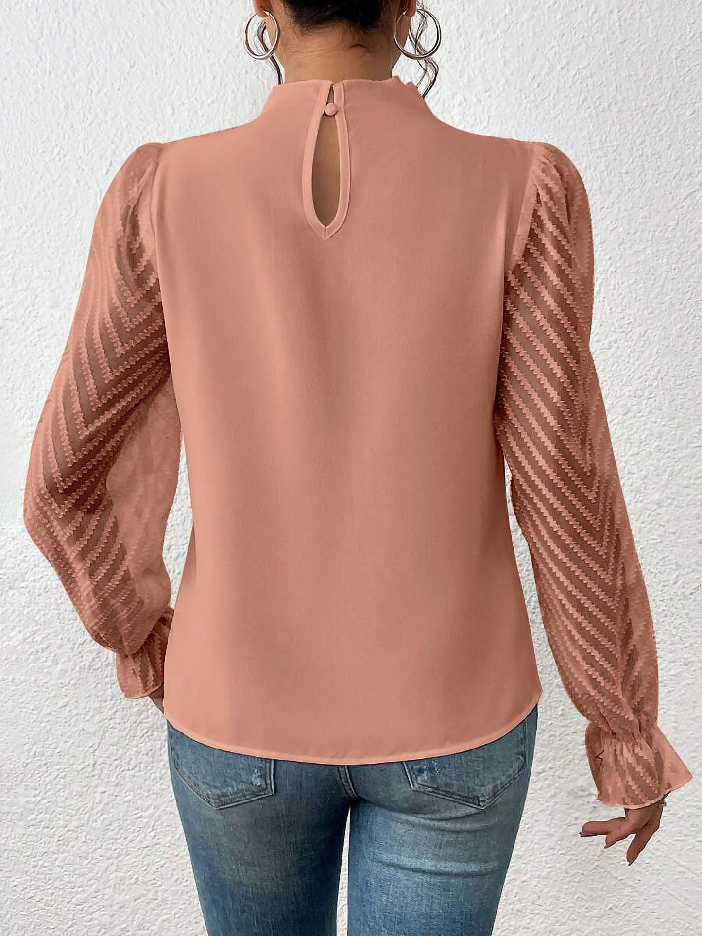 Wrinkle-Resistant Chiffon Mock Neck Sheer Long Sleeves Pleated Work & Business Blouse