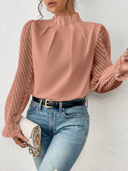Wrinkle-Resistant Chiffon Mock Neck Sheer Long Sleeves Pleated Work & Business Blouse