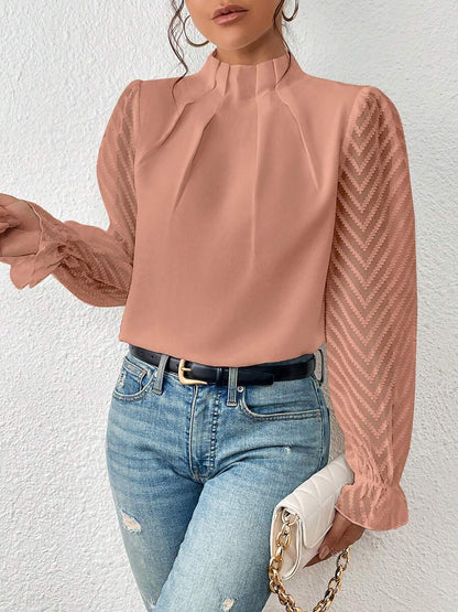 Wrinkle-Resistant Chiffon Mock Neck Sheer Long Sleeves Pleated Work & Business Blouse