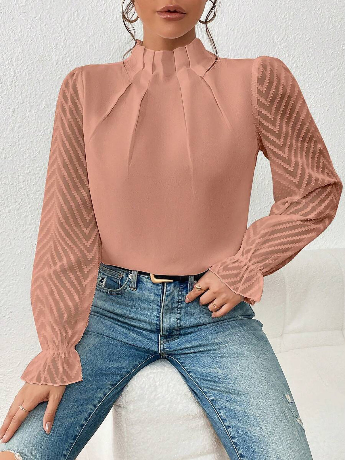 Wrinkle-Resistant Chiffon Mock Neck Sheer Long Sleeves Pleated Work & Business Blouse