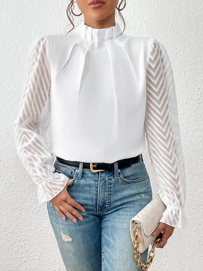 Wrinkle-Resistant Chiffon Mock Neck Sheer Long Sleeves Pleated Work & Business Blouse