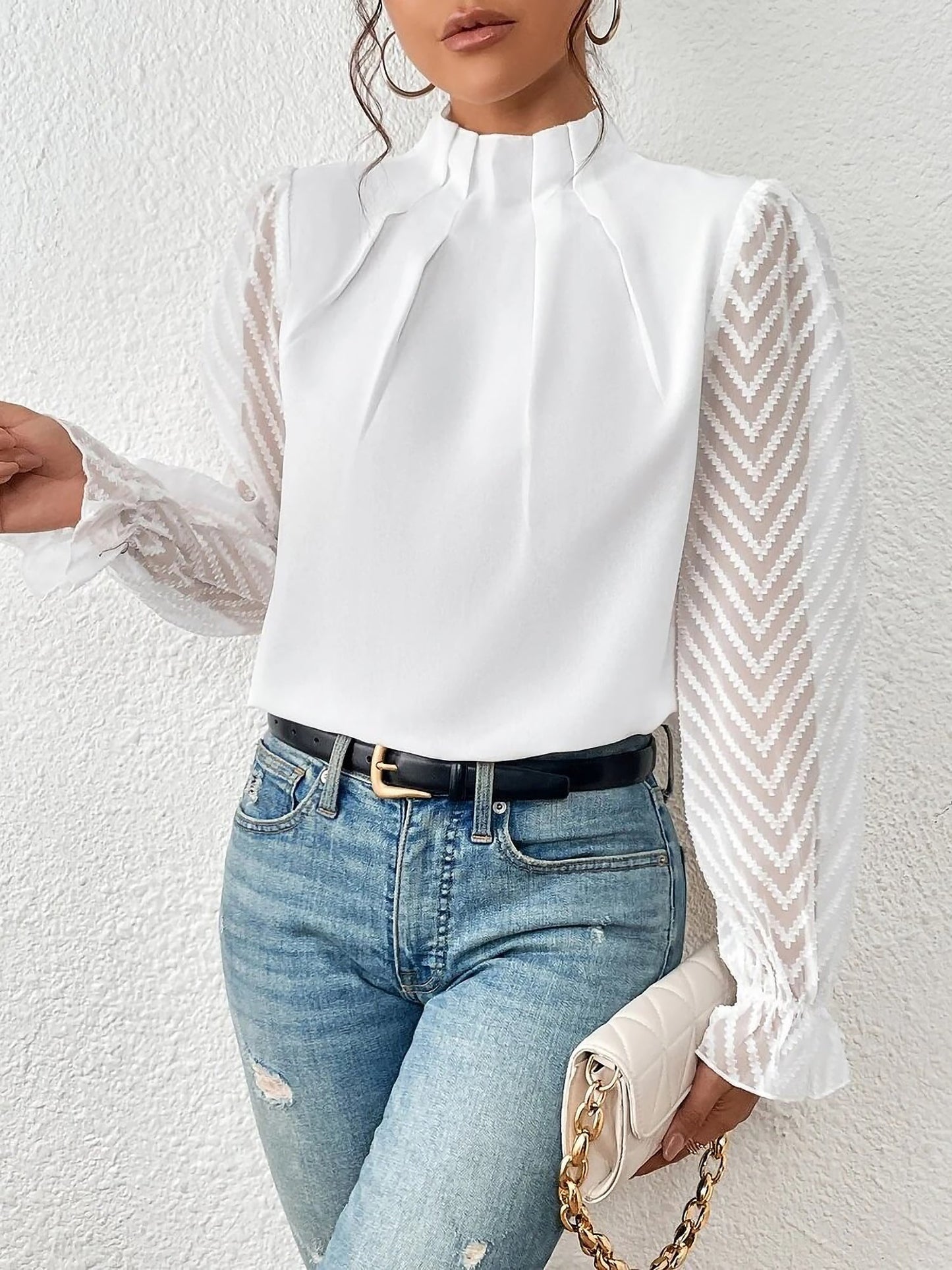 Wrinkle-Resistant Chiffon Mock Neck Sheer Long Sleeves Pleated Work & Business Blouse