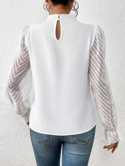 Wrinkle-Resistant Chiffon Mock Neck Sheer Long Sleeves Pleated Work & Business Blouse