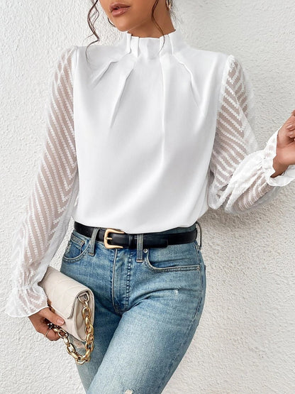 Wrinkle-Resistant Chiffon Mock Neck Sheer Long Sleeves Pleated Work & Business Blouse