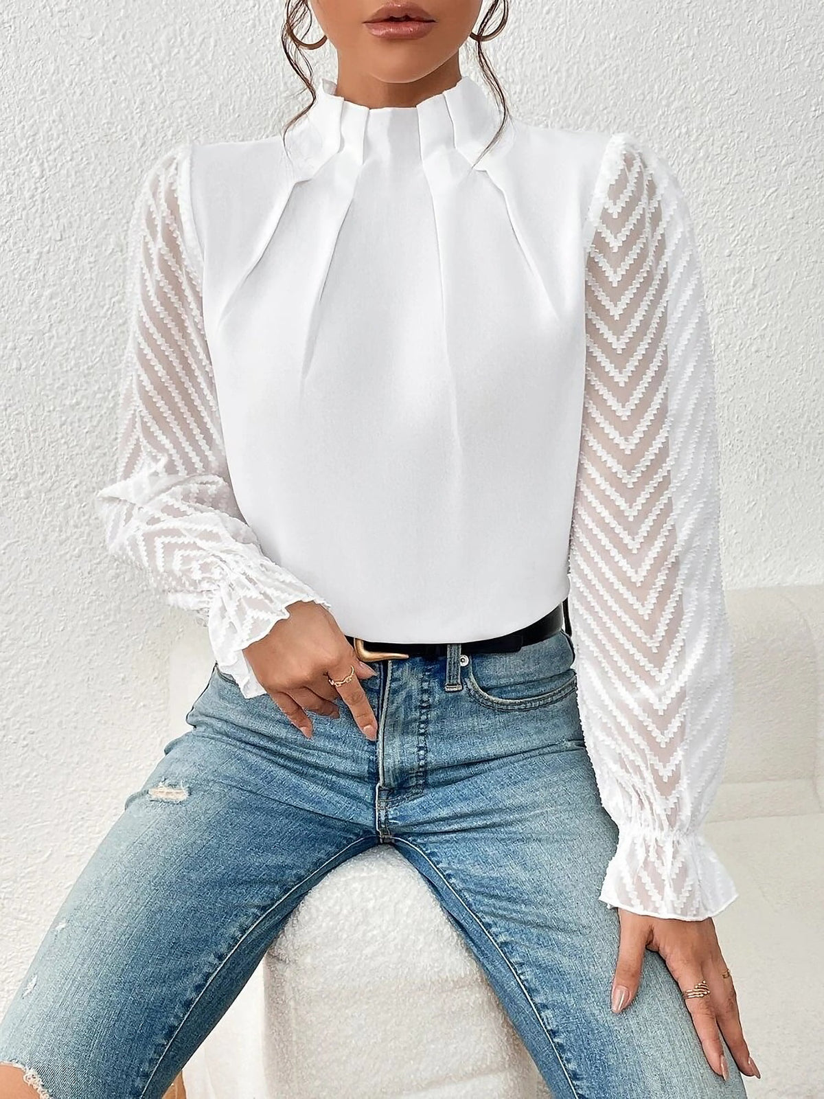 Wrinkle-Resistant Chiffon Mock Neck Sheer Long Sleeves Pleated Work & Business Blouse