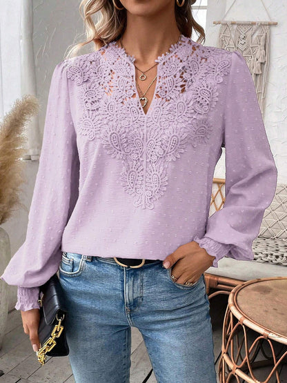 Mixed Pattern Paisley Lace Swiss Dots Smocked Long Sleeve Blouse