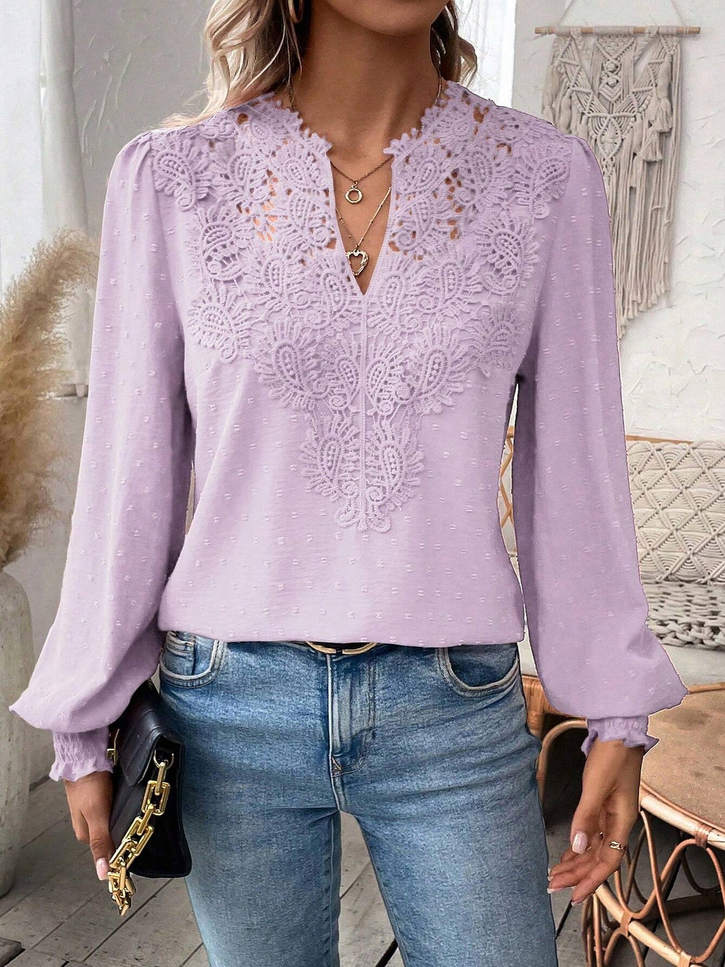 Mixed Pattern Paisley Lace Swiss Dots Smocked Long Sleeve Blouse