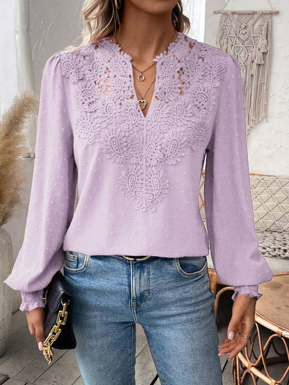 Mixed Pattern Paisley Lace Swiss Dots Smocked Long Sleeve Blouse