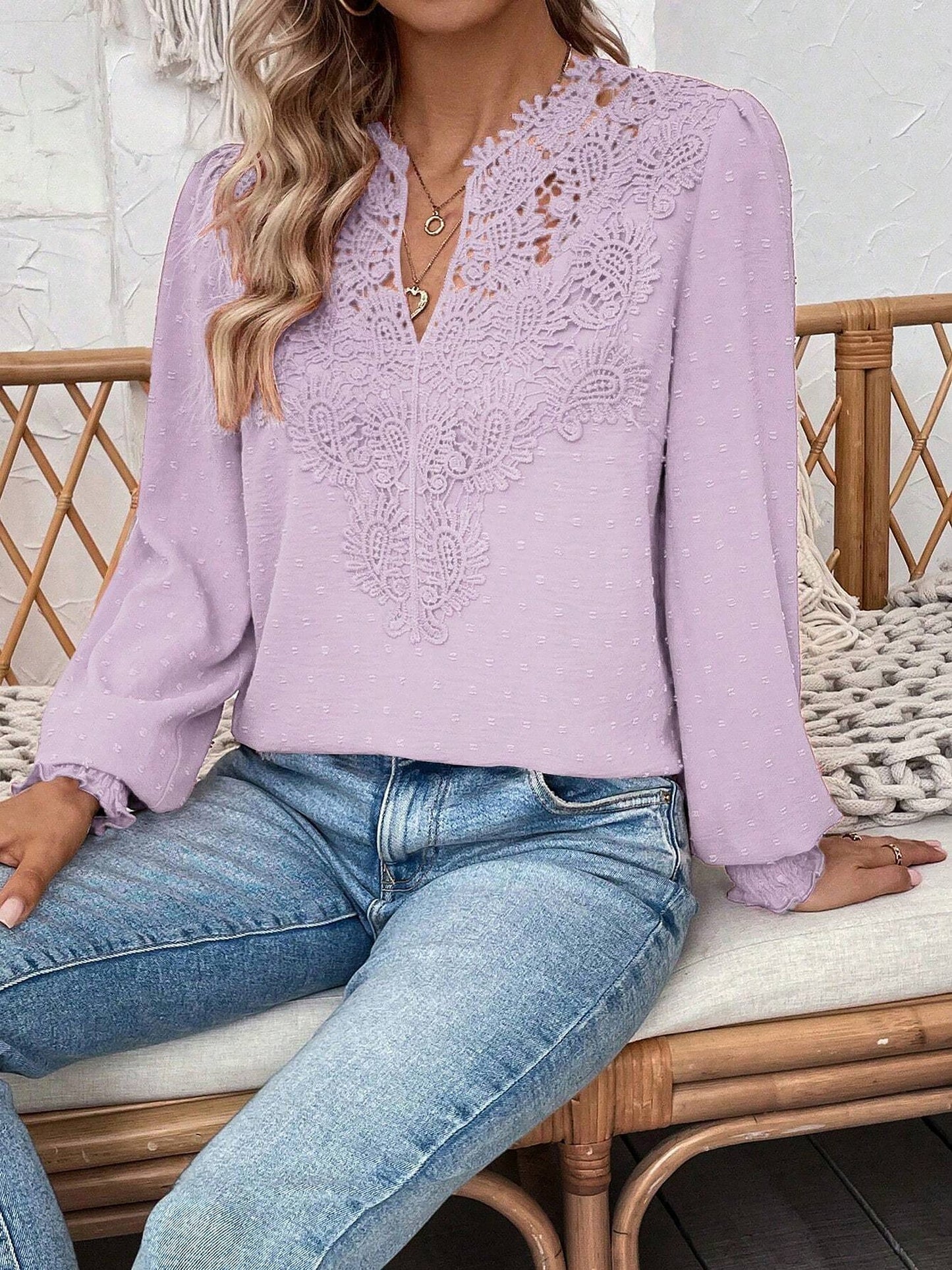 Mixed Pattern Paisley Lace Swiss Dots Smocked Long Sleeve Blouse