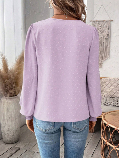 Mixed Pattern Paisley Lace Swiss Dots Smocked Long Sleeve Blouse