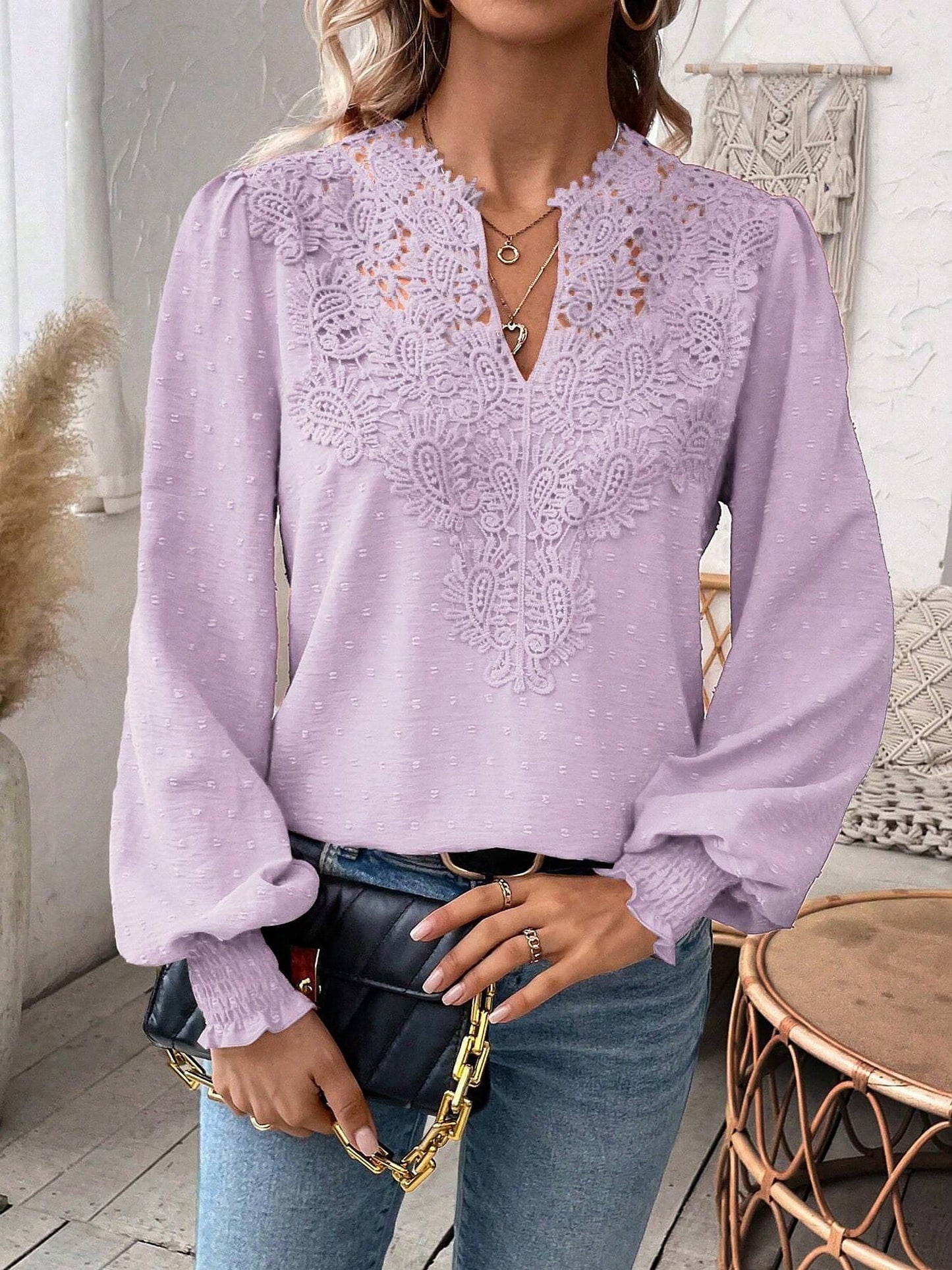 Mixed Pattern Paisley Lace Swiss Dots Smocked Long Sleeve Blouse