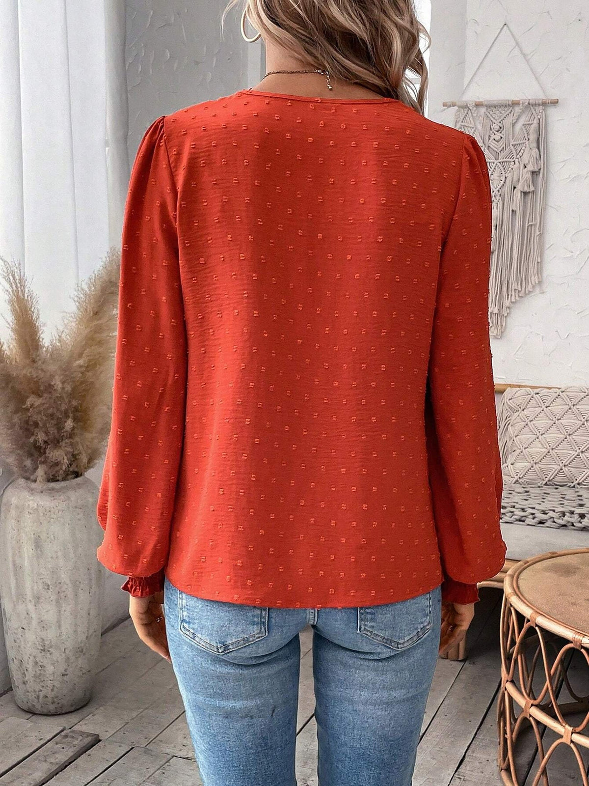 Mixed Pattern Paisley Lace Swiss Dots Smocked Long Sleeve Blouse