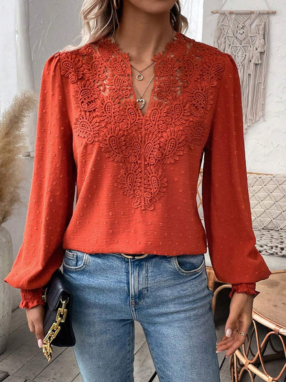 Mixed Pattern Paisley Lace Swiss Dots Smocked Long Sleeve Blouse