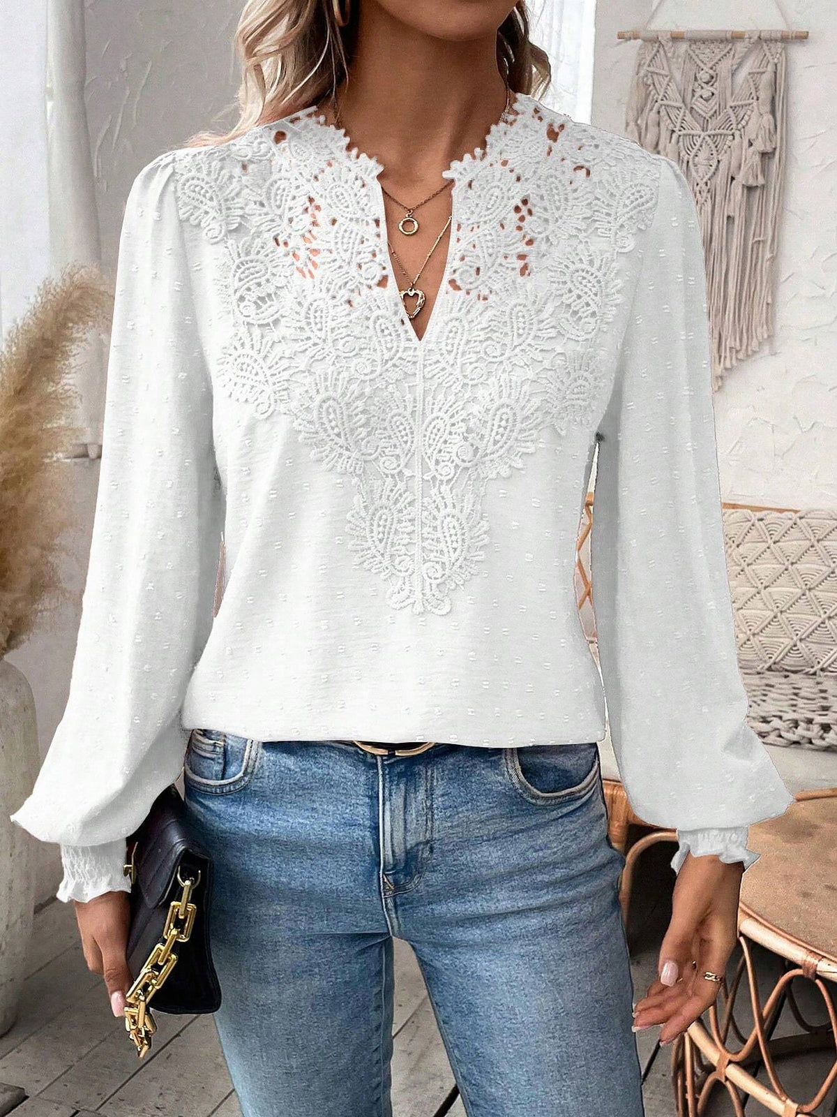 Mixed Pattern Paisley Lace Swiss Dots Smocked Long Sleeve Blouse