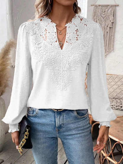 Mixed Pattern Paisley Lace Swiss Dots Smocked Long Sleeve Blouse