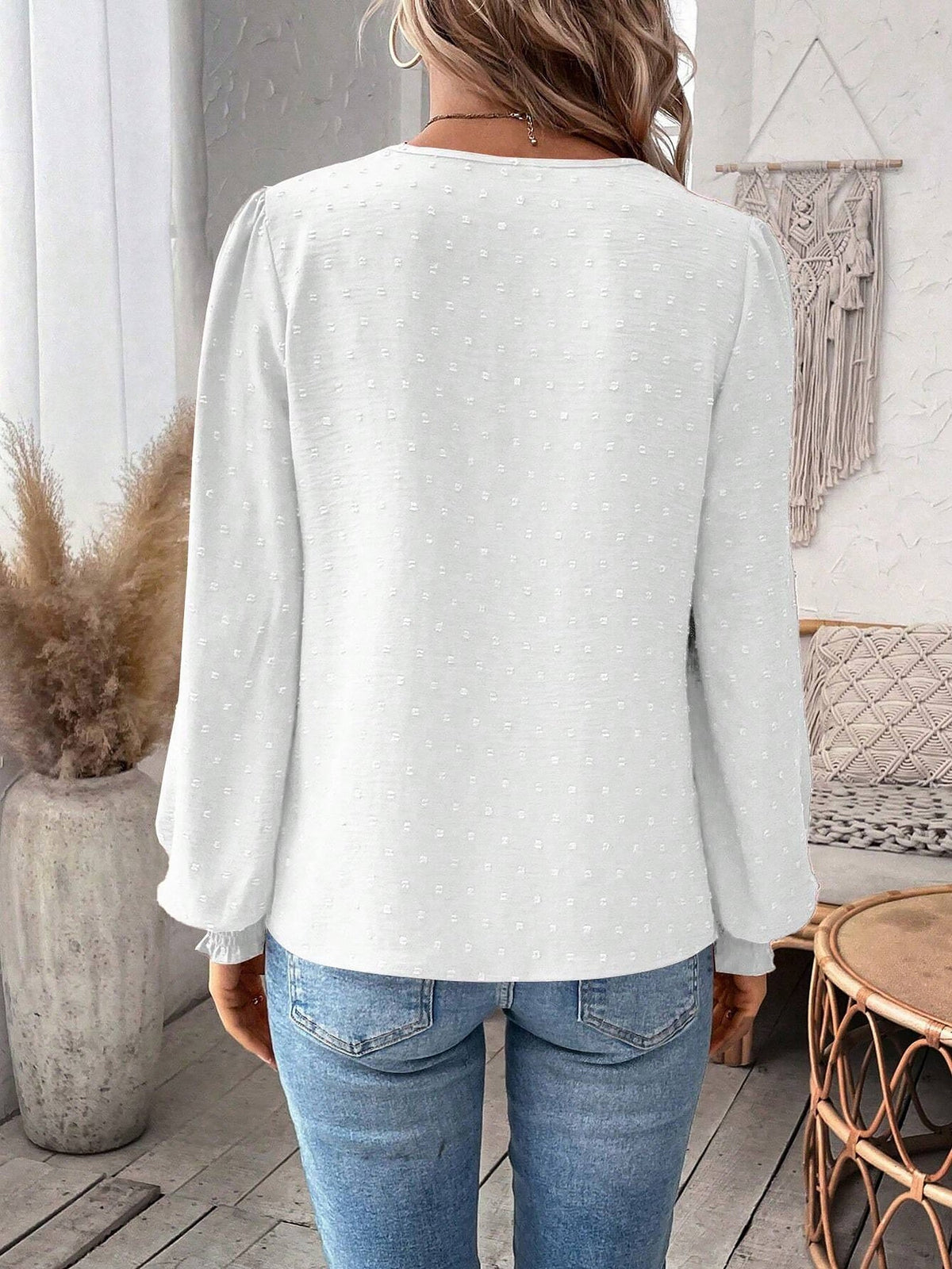 Mixed Pattern Paisley Lace Swiss Dots Smocked Long Sleeve Blouse