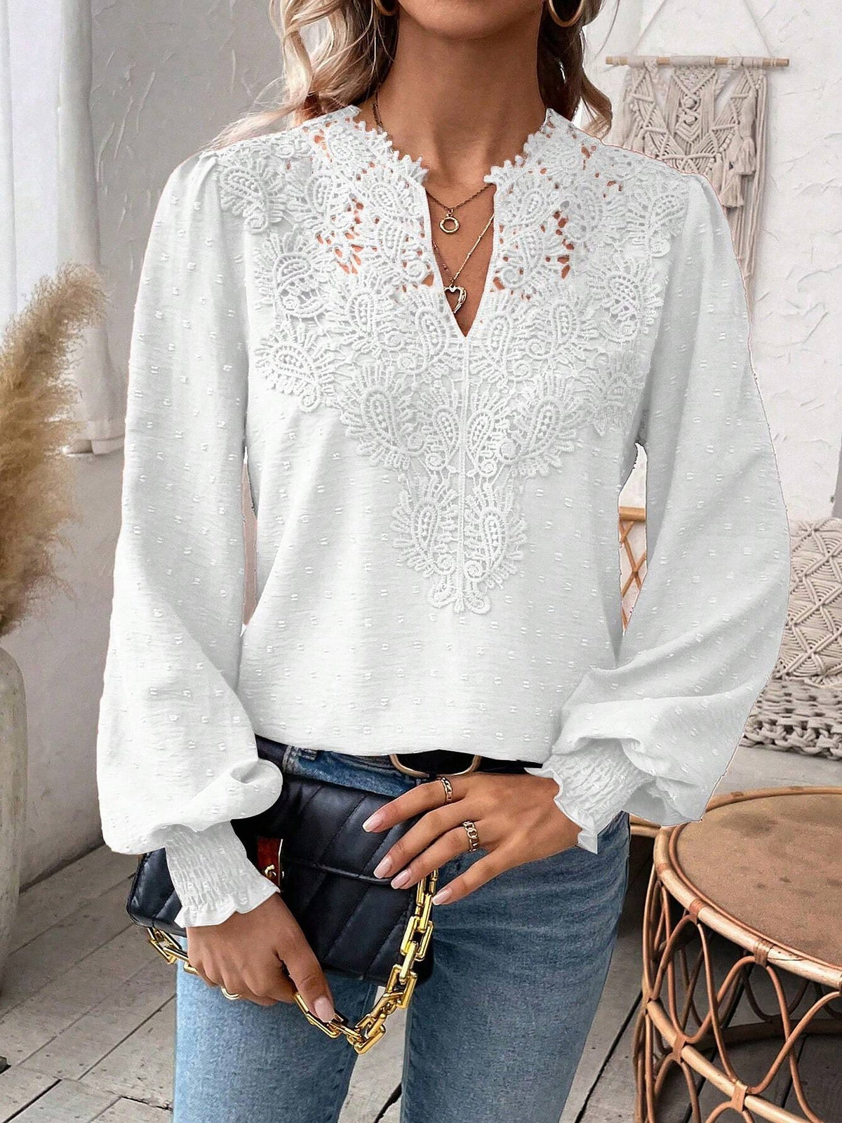 Mixed Pattern Paisley Lace Swiss Dots Smocked Long Sleeve Blouse
