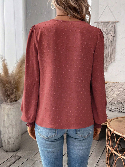 Mixed Pattern Paisley Lace Swiss Dots Smocked Long Sleeve Blouse