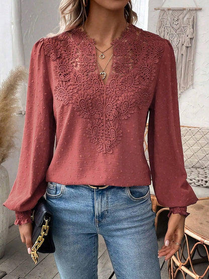 Mixed Pattern Paisley Lace Swiss Dots Smocked Long Sleeve Blouse