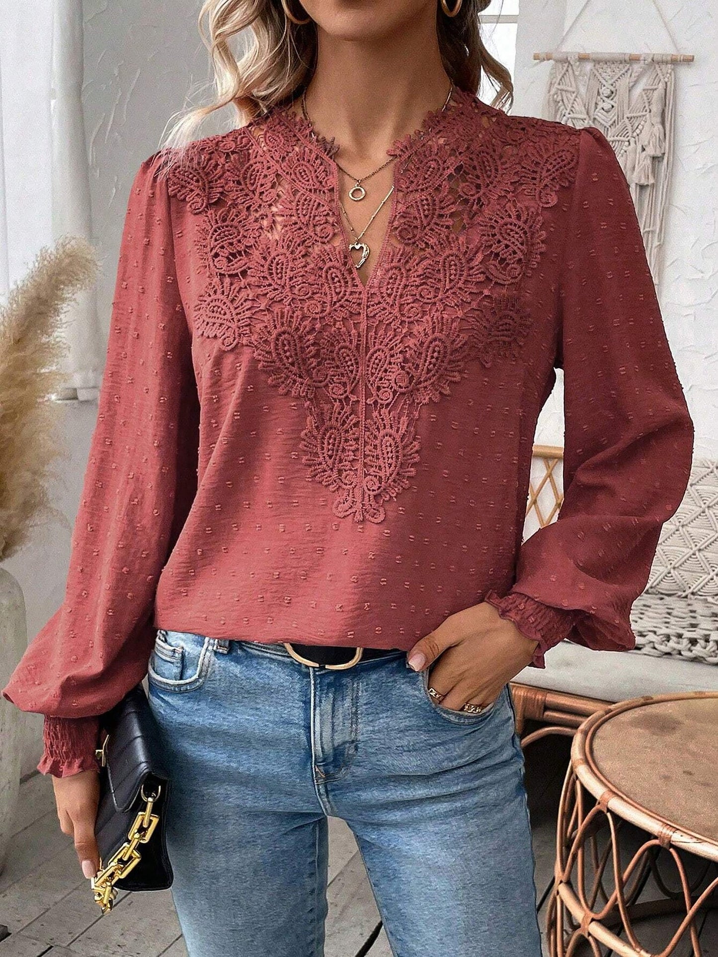 Mixed Pattern Paisley Lace Swiss Dots Smocked Long Sleeve Blouse