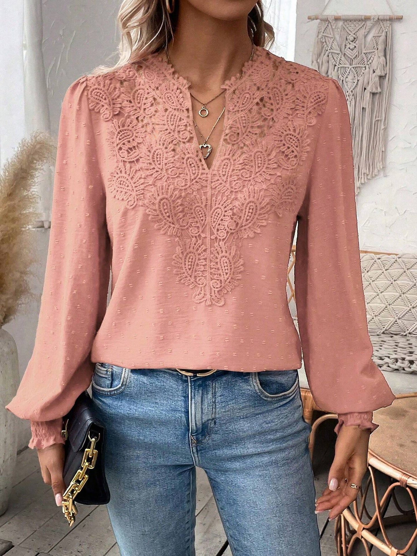 Mixed Pattern Paisley Lace Swiss Dots Smocked Long Sleeve Blouse