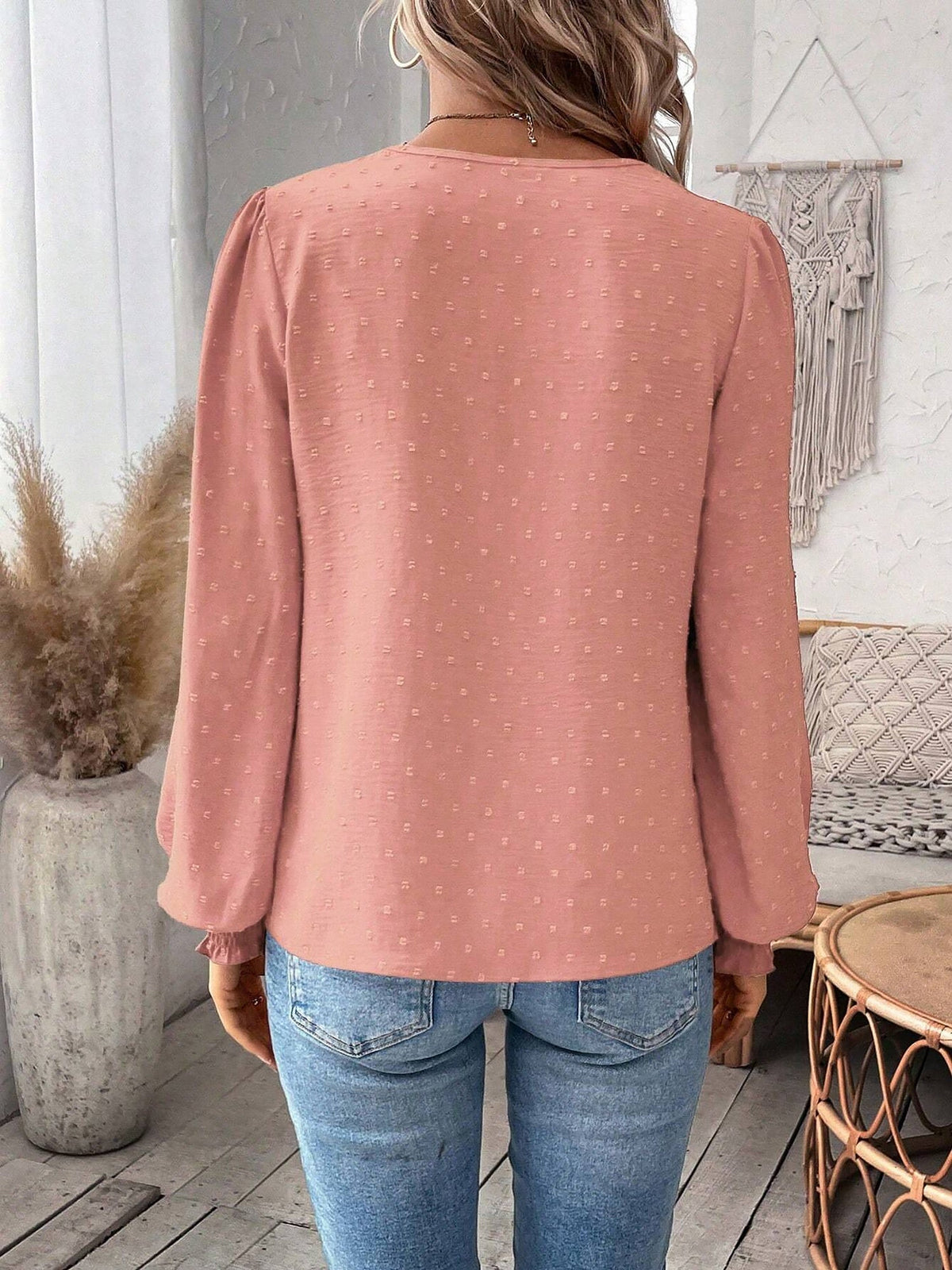 Mixed Pattern Paisley Lace Swiss Dots Smocked Long Sleeve Blouse