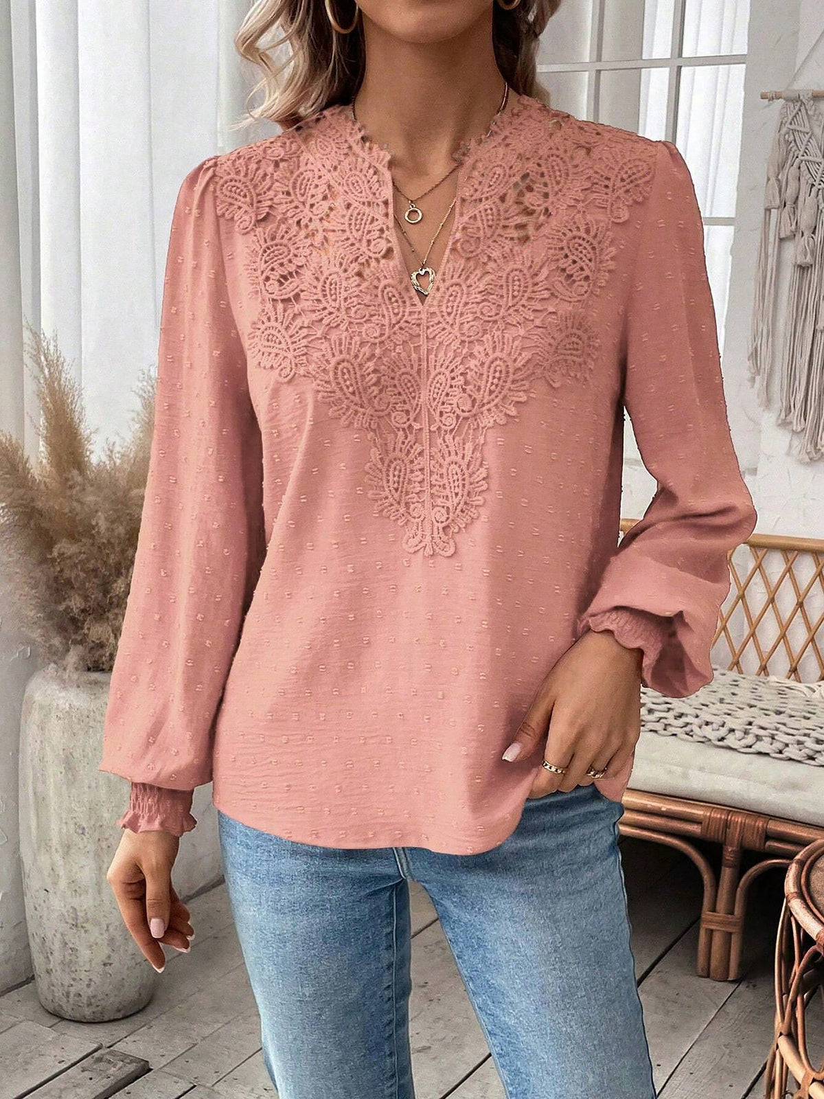 Mixed Pattern Paisley Lace Swiss Dots Smocked Long Sleeve Blouse