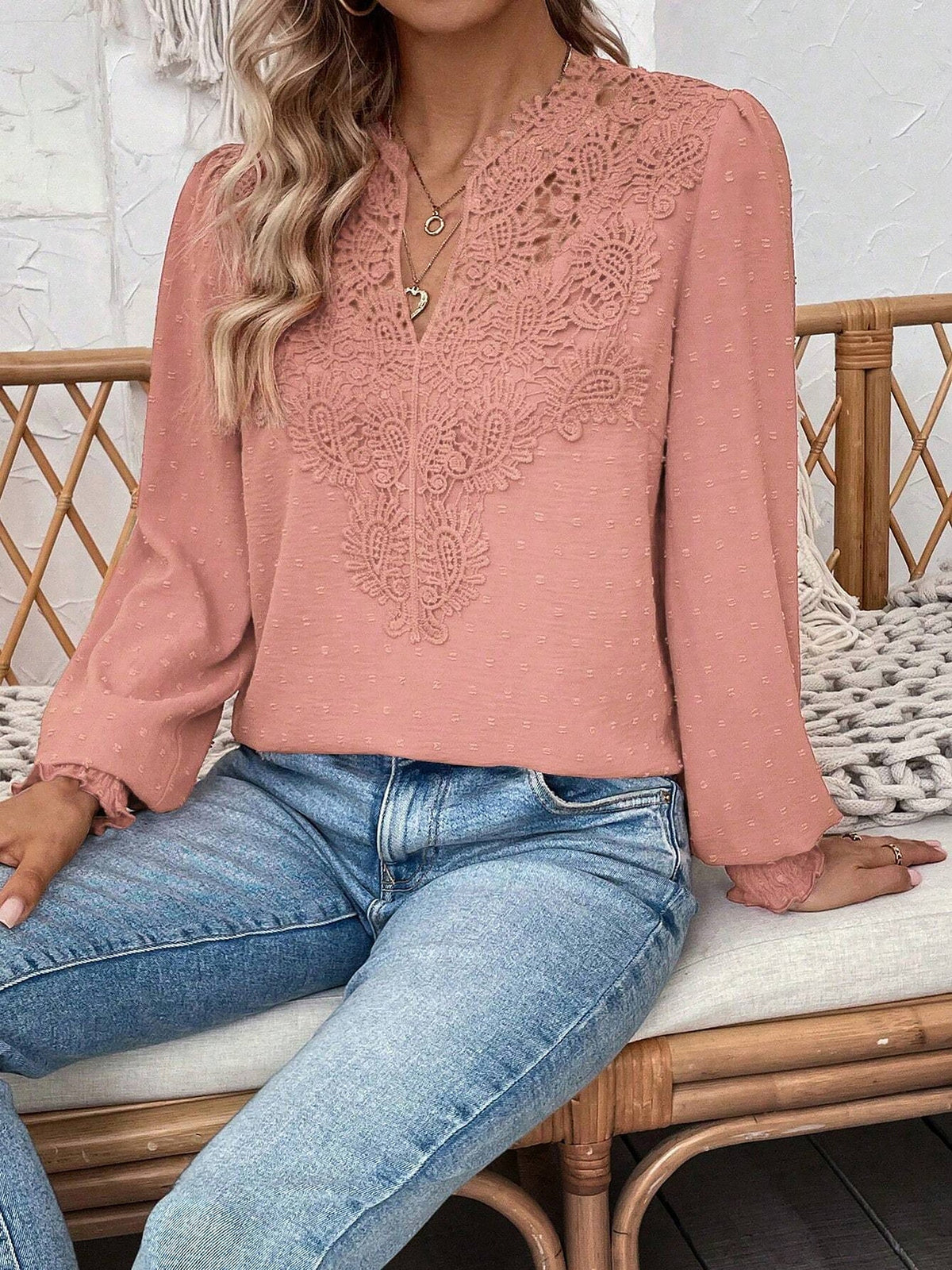 Mixed Pattern Paisley Lace Swiss Dots Smocked Long Sleeve Blouse