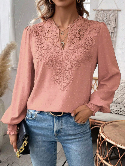 Mixed Pattern Paisley Lace Swiss Dots Smocked Long Sleeve Blouse