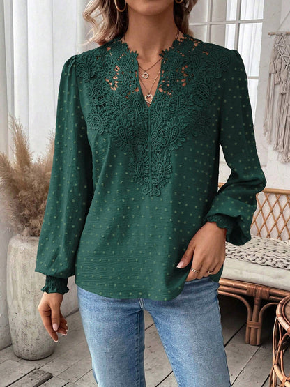 Mixed Pattern Paisley Lace Swiss Dots Smocked Long Sleeve Blouse