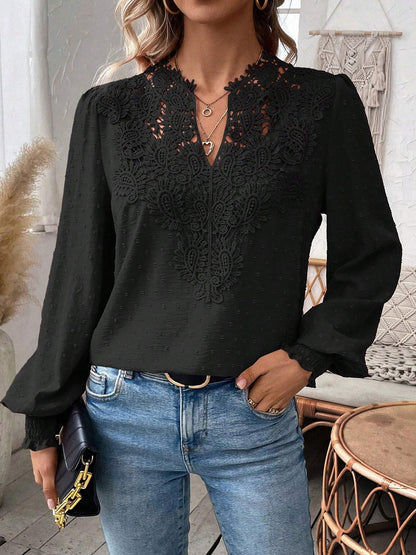 Mixed Pattern Paisley Lace Swiss Dots Smocked Long Sleeve Blouse