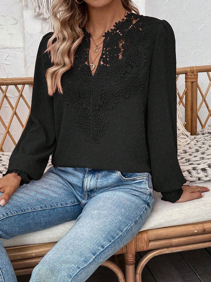 Mixed Pattern Paisley Lace Swiss Dots Smocked Long Sleeve Blouse