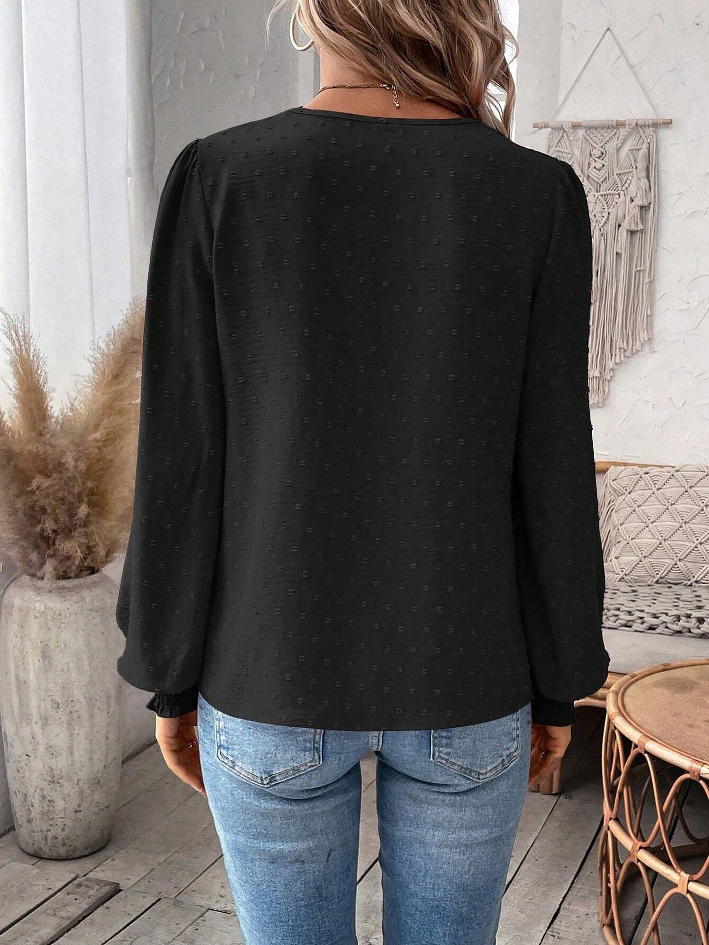 Mixed Pattern Paisley Lace Swiss Dots Smocked Long Sleeve Blouse