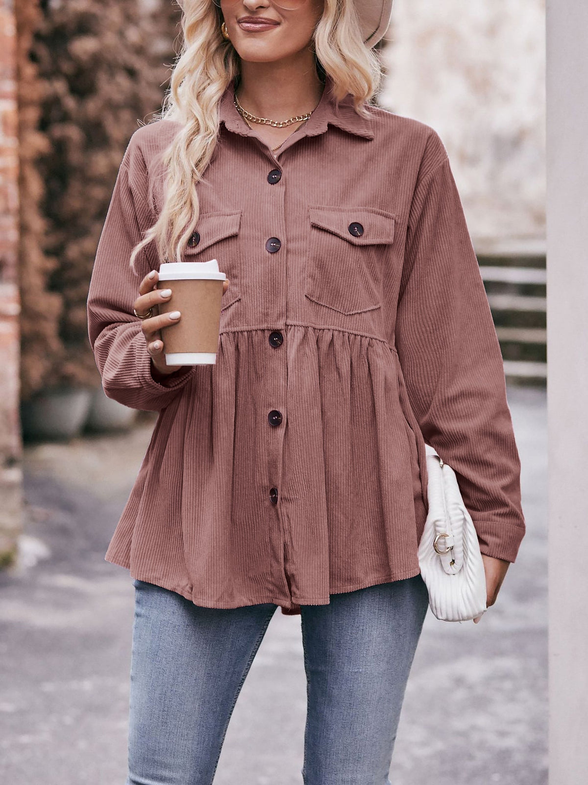 Corduroy Collared Button Down Babydoll Blouse