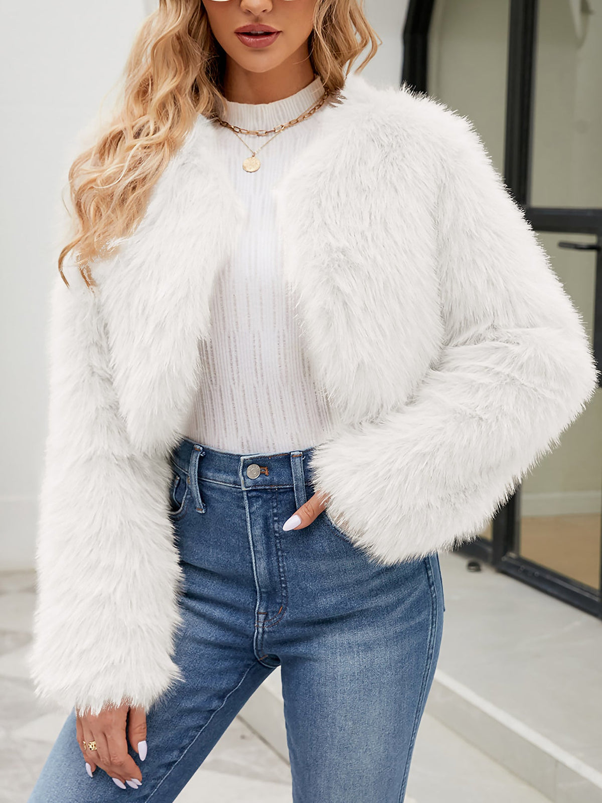 Long Sleeves Open Front Cropped Faux Fur Jacket