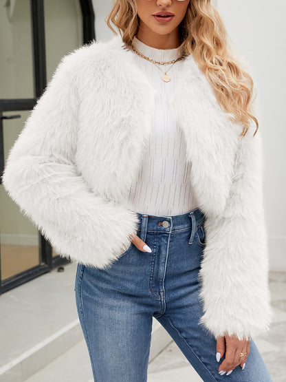 Long Sleeves Open Front Cropped Faux Fur Jacket