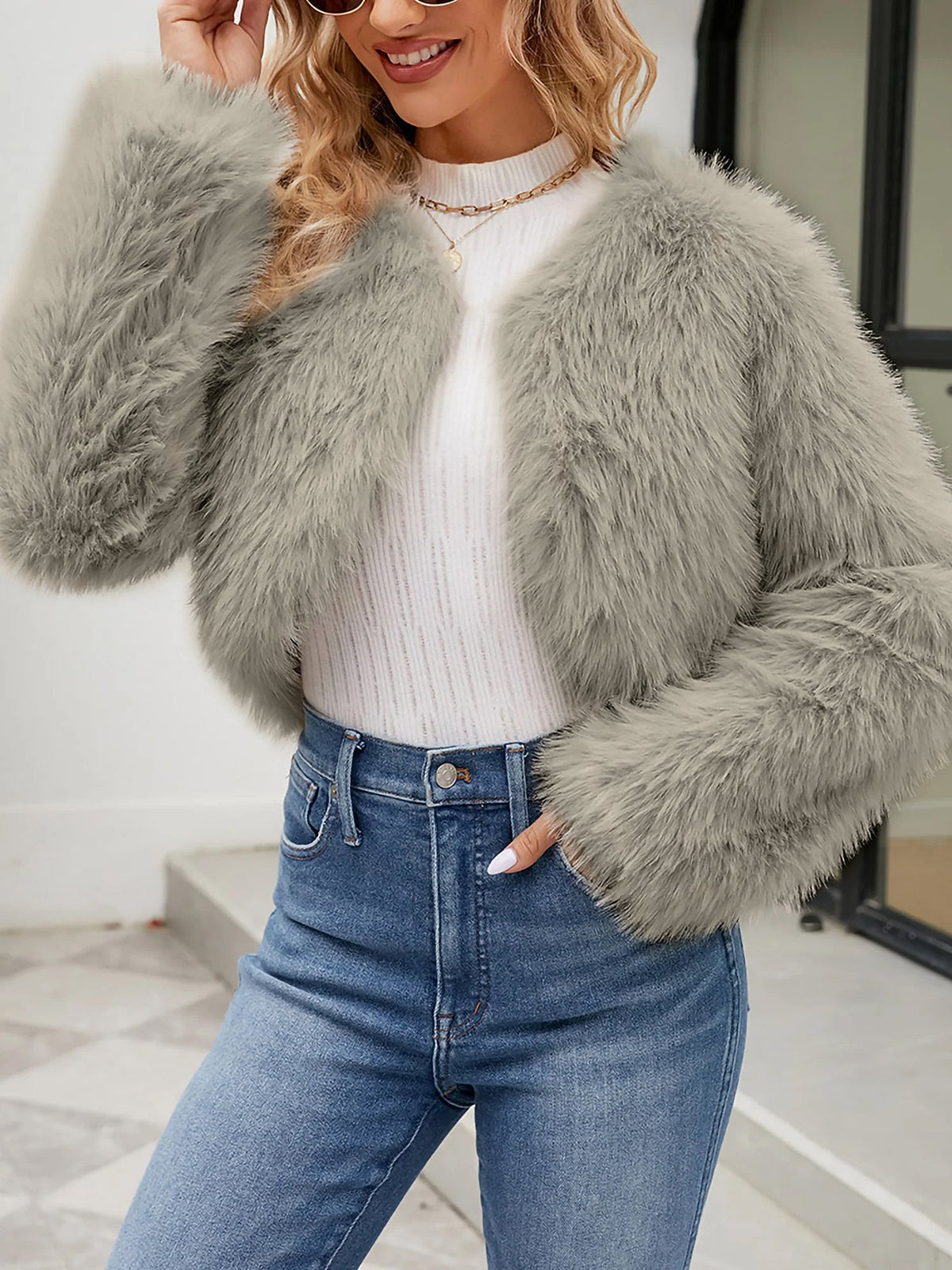 Long Sleeves Open Front Cropped Faux Fur Jacket