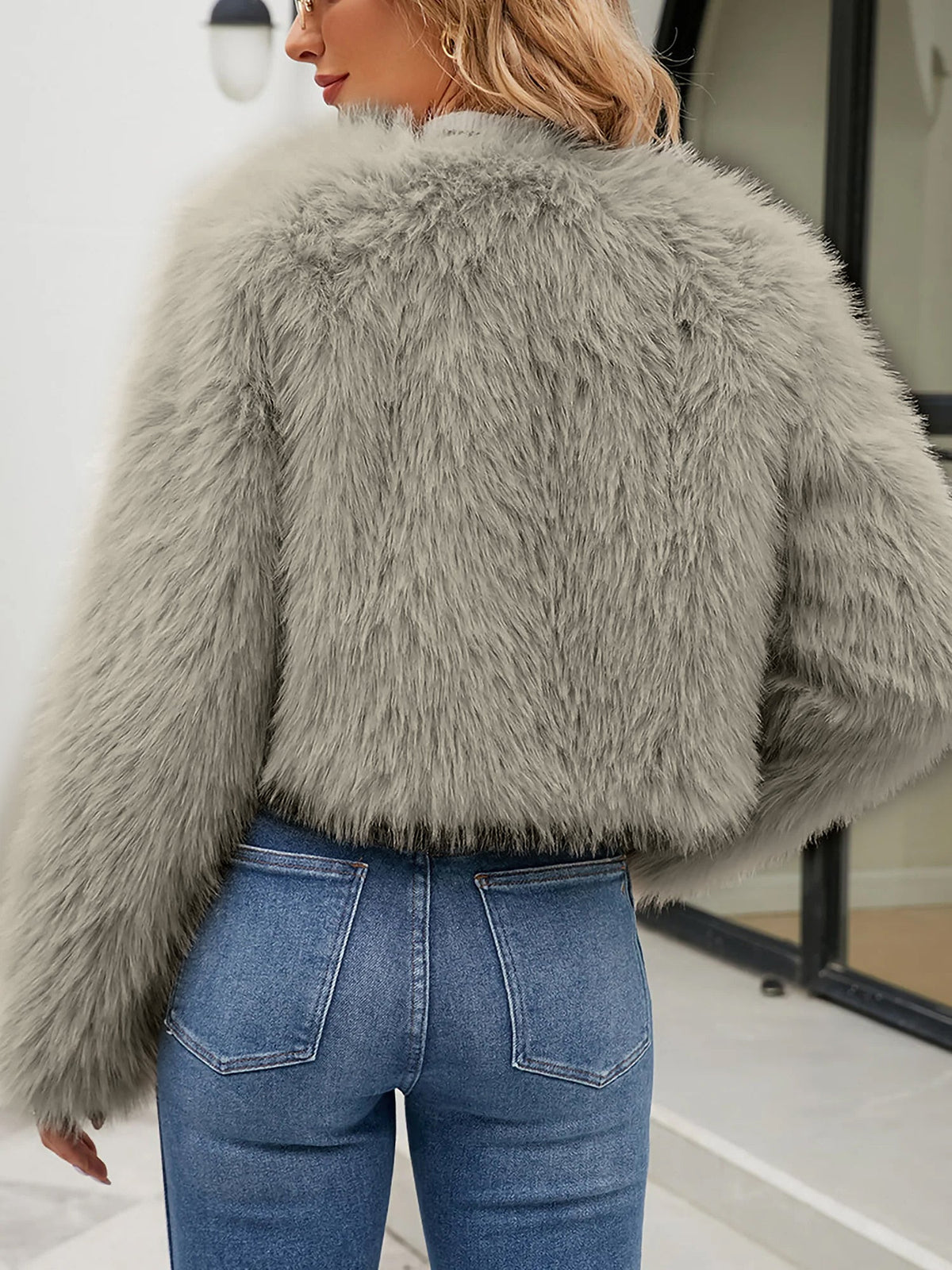 Long Sleeves Open Front Cropped Faux Fur Jacket