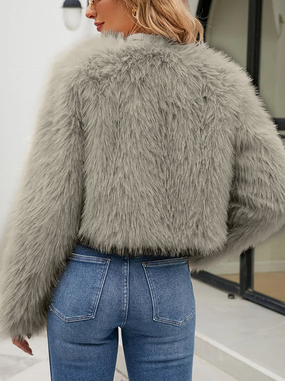 Long Sleeves Open Front Cropped Faux Fur Jacket