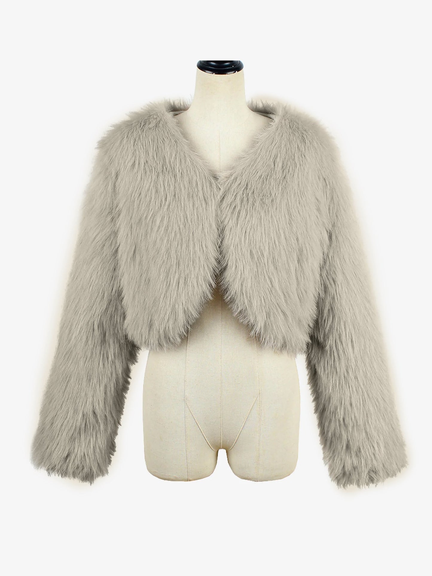 Long Sleeves Open Front Cropped Faux Fur Jacket