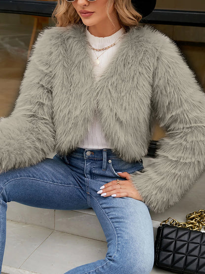 Long Sleeves Open Front Cropped Faux Fur Jacket