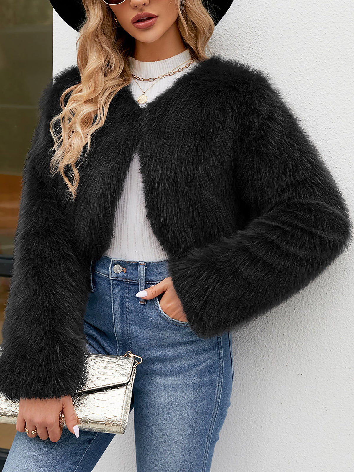 Long Sleeves Open Front Cropped Faux Fur Jacket
